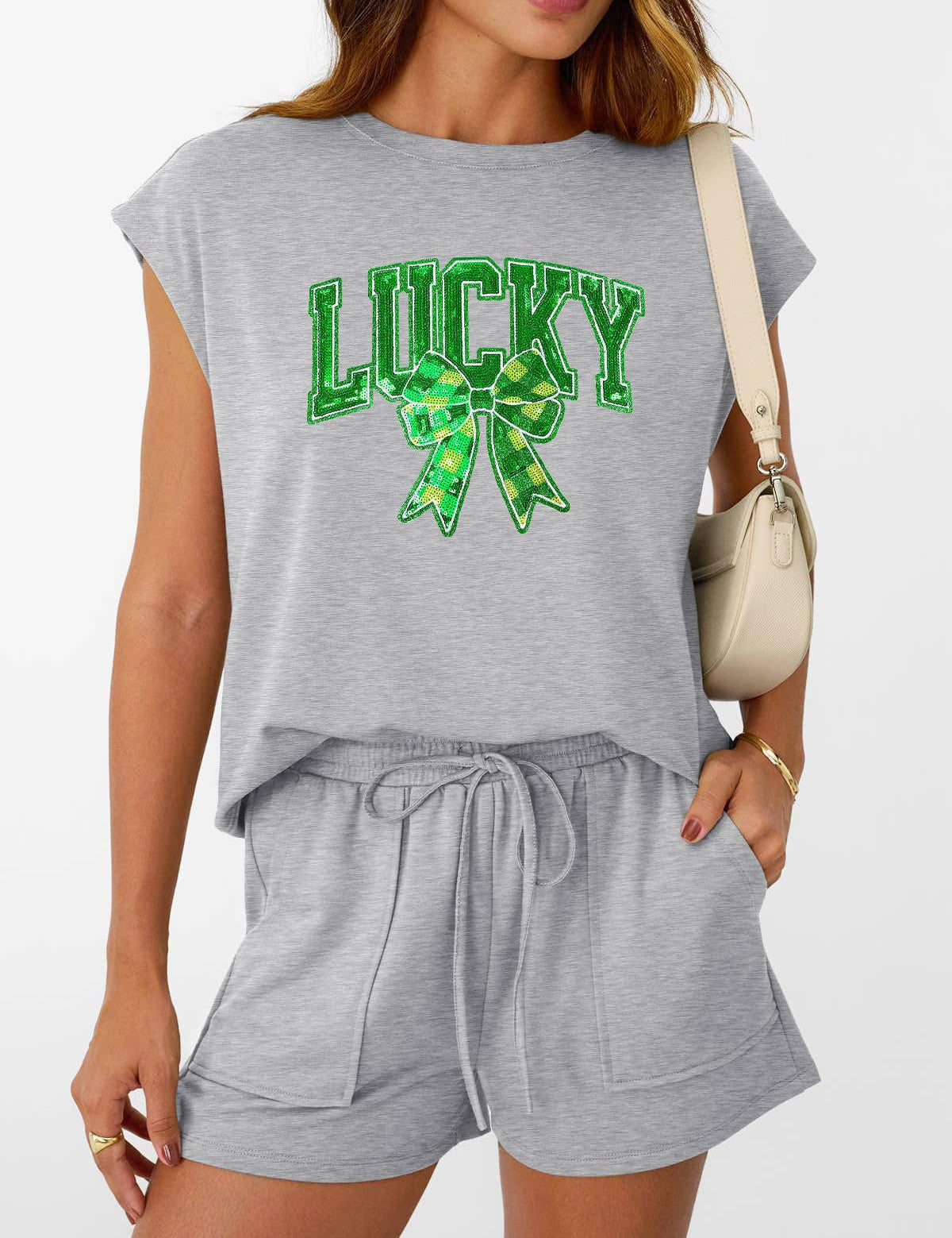 St Patricks Day Lucky Sequin Bow Two Piece Set: Black / 65%Polyester  30%Viscose   5%Elastane / M