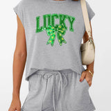 St Patricks Day Lucky Sequin Bow Two Piece Set: Black / 65%Polyester  30%Viscose   5%Elastane / L