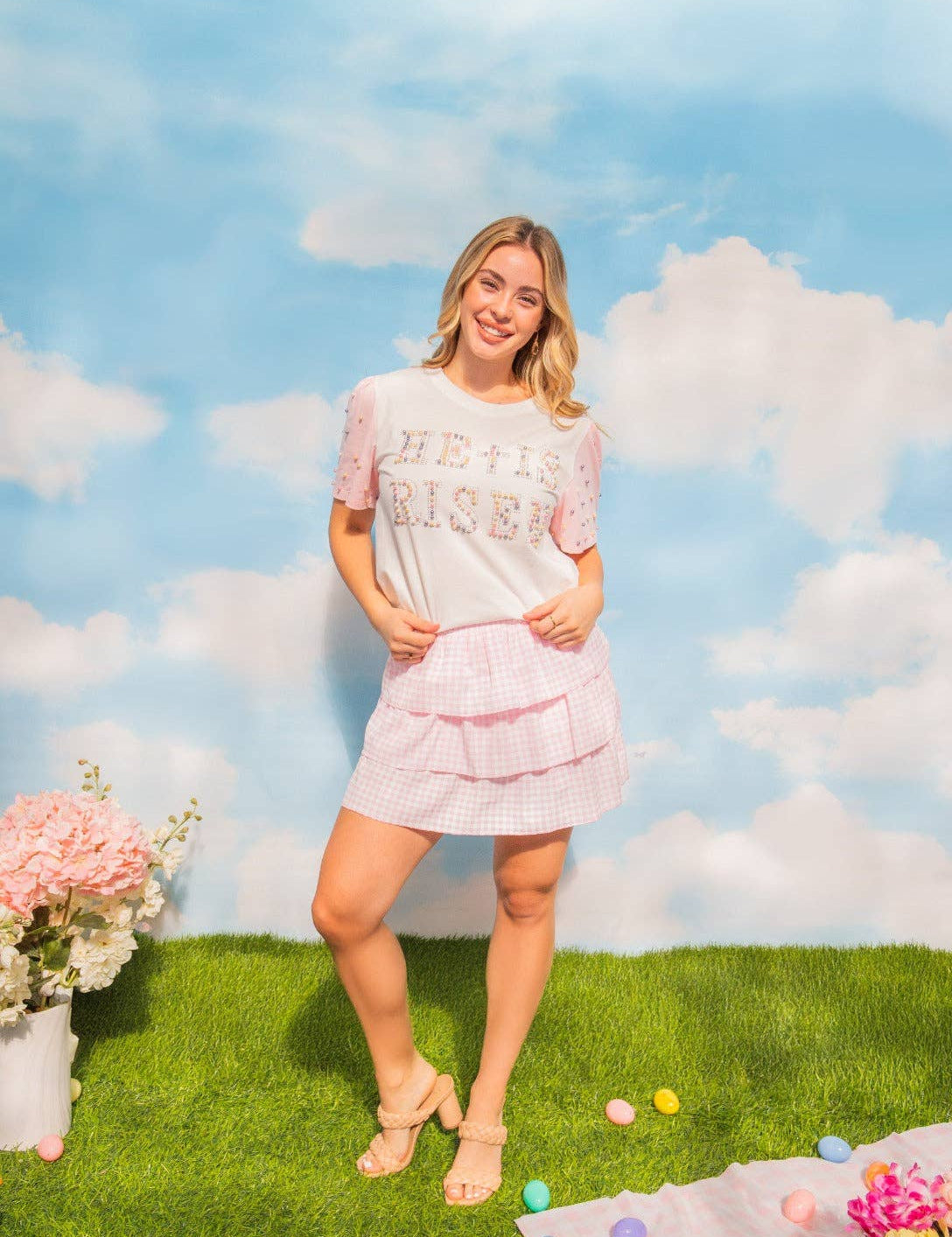 Pearl "He is Risen" on White Princess Top: White / L