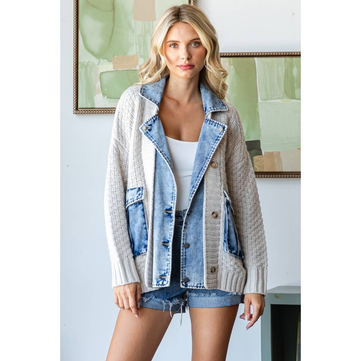 Knit Body Denim Layerd Jacket: Cream / Denim / S