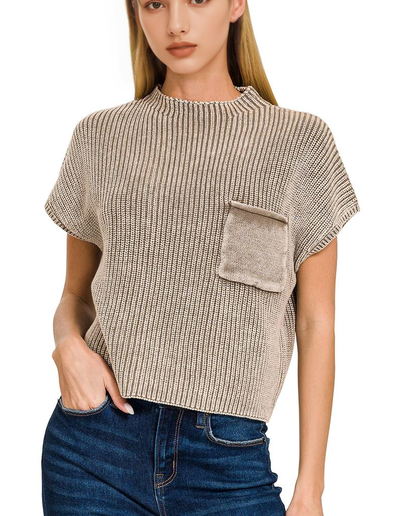 .....1214 Washed Mock Neck Short Sleeve Cropped Sweater SI-26359: BLACK-168751 / L/XL