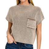 .....1214 Washed Mock Neck Short Sleeve Cropped Sweater SI-26359: BLACK-168751 / L/XL