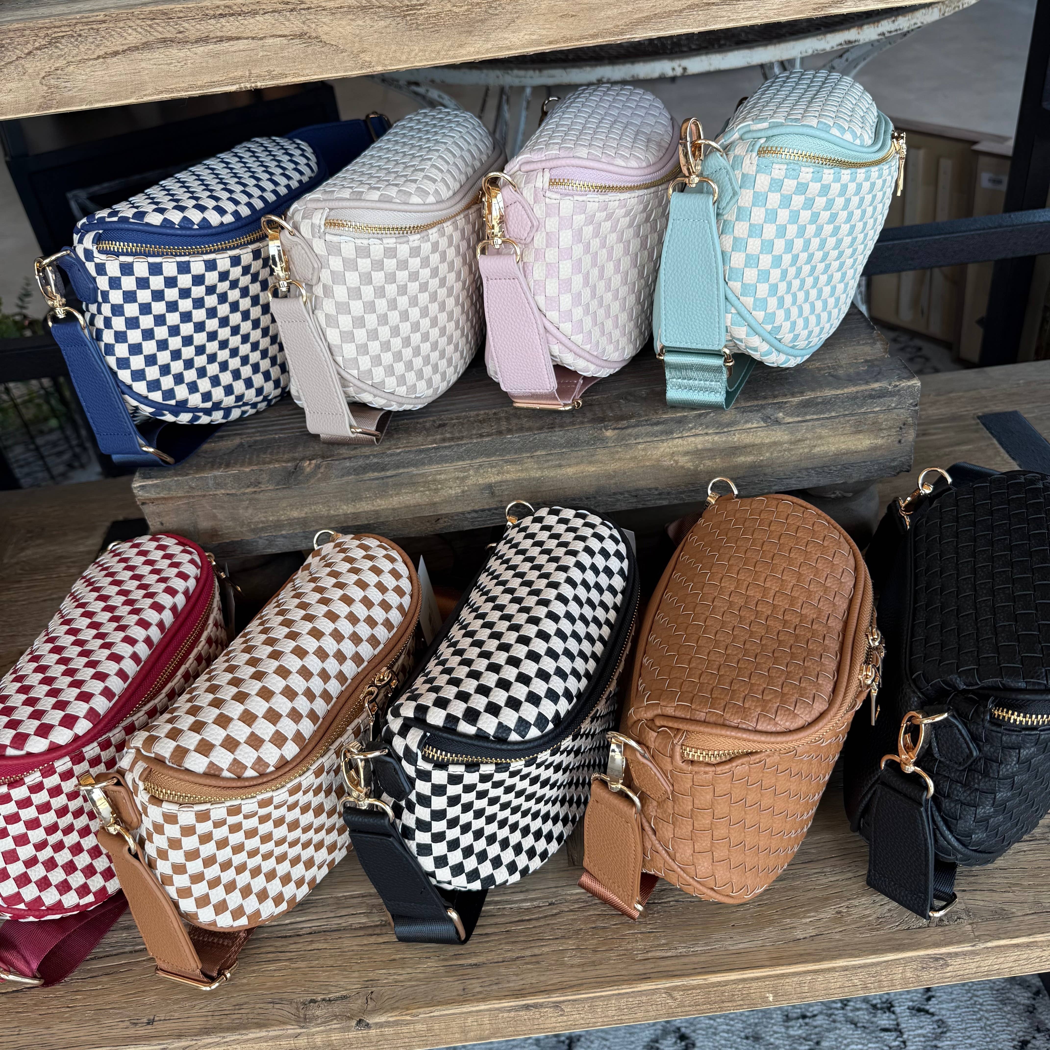 Birdie Saddle Checkered Crossbody Bag: Blue Checkered