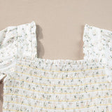 White Frilly Shirred Bodice Tiered Floral Maxi Dress: White / 100%Polyester / M