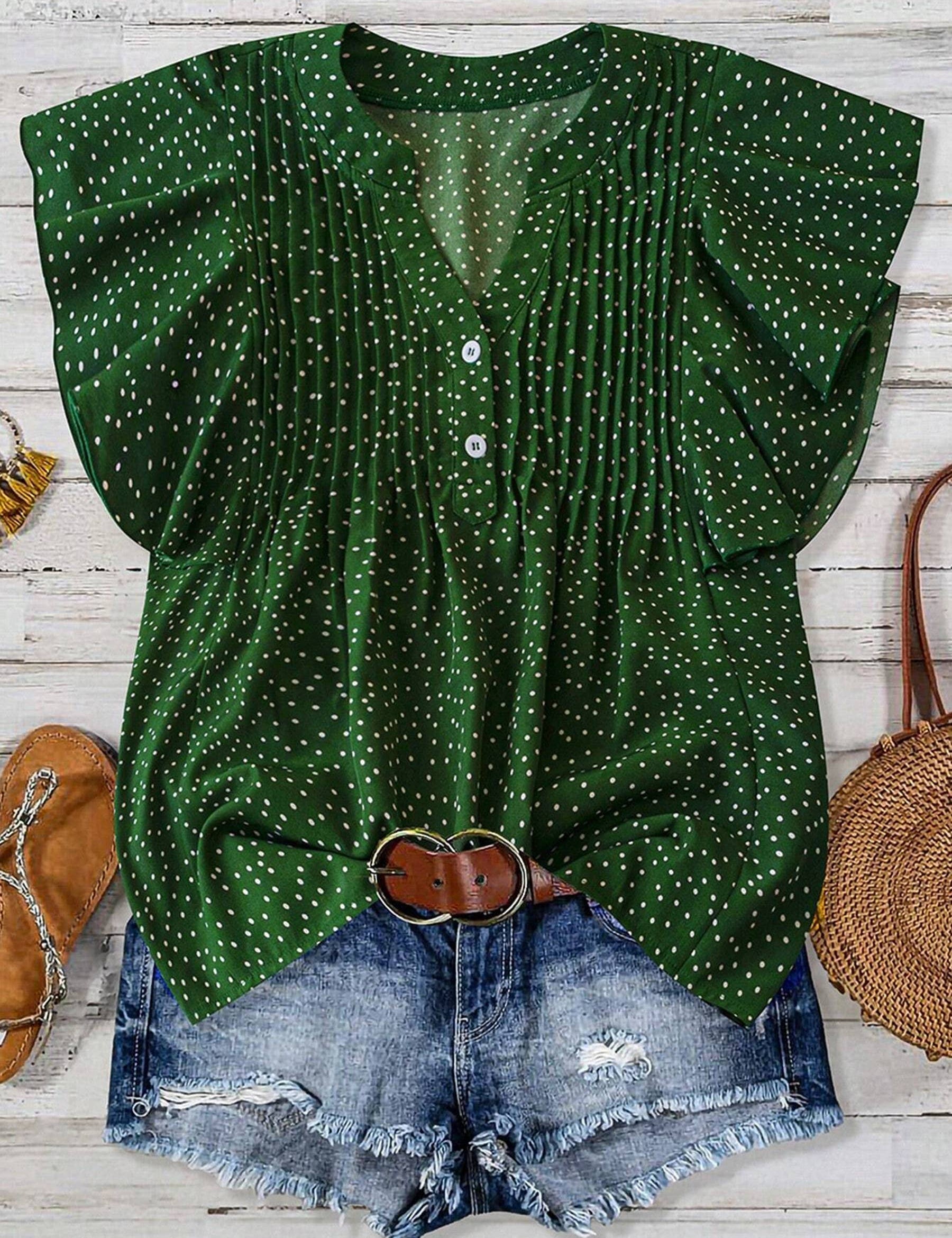 V-neck Button Pleated Top: Red / XL