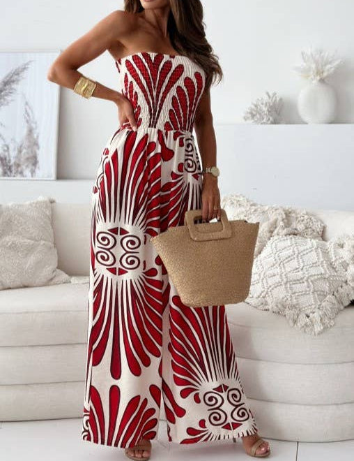 Fashionable Print Bandeau Waist-Cinching Jumpsuit: Khaki / S