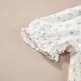 White Frilly Shirred Bodice Tiered Floral Maxi Dress: White / 100%Polyester / M
