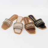 CHRISSY ROUND STUD EMBELLISHED SQUARE TOE SLIP ON SANDAL: White / A12