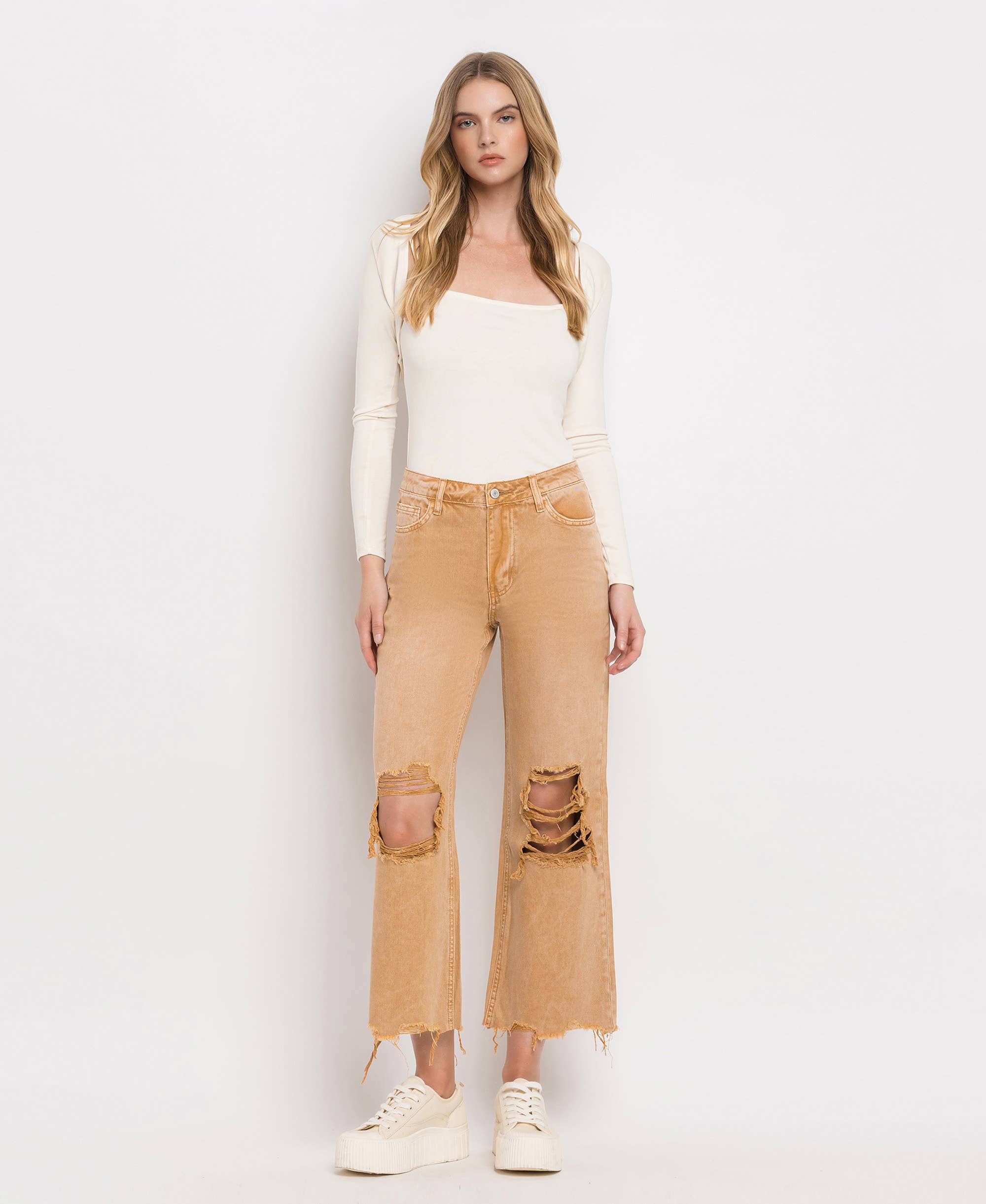 90'S VINTAGE SUPER HIGH RISE CROP FLARE JEANS V2736: KISS OF CALIFORNIA / 26