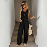 Spring Summer Casual Loose Strap Jumpsuit for Women: Black / 95% Polyester+5% Spandex / S