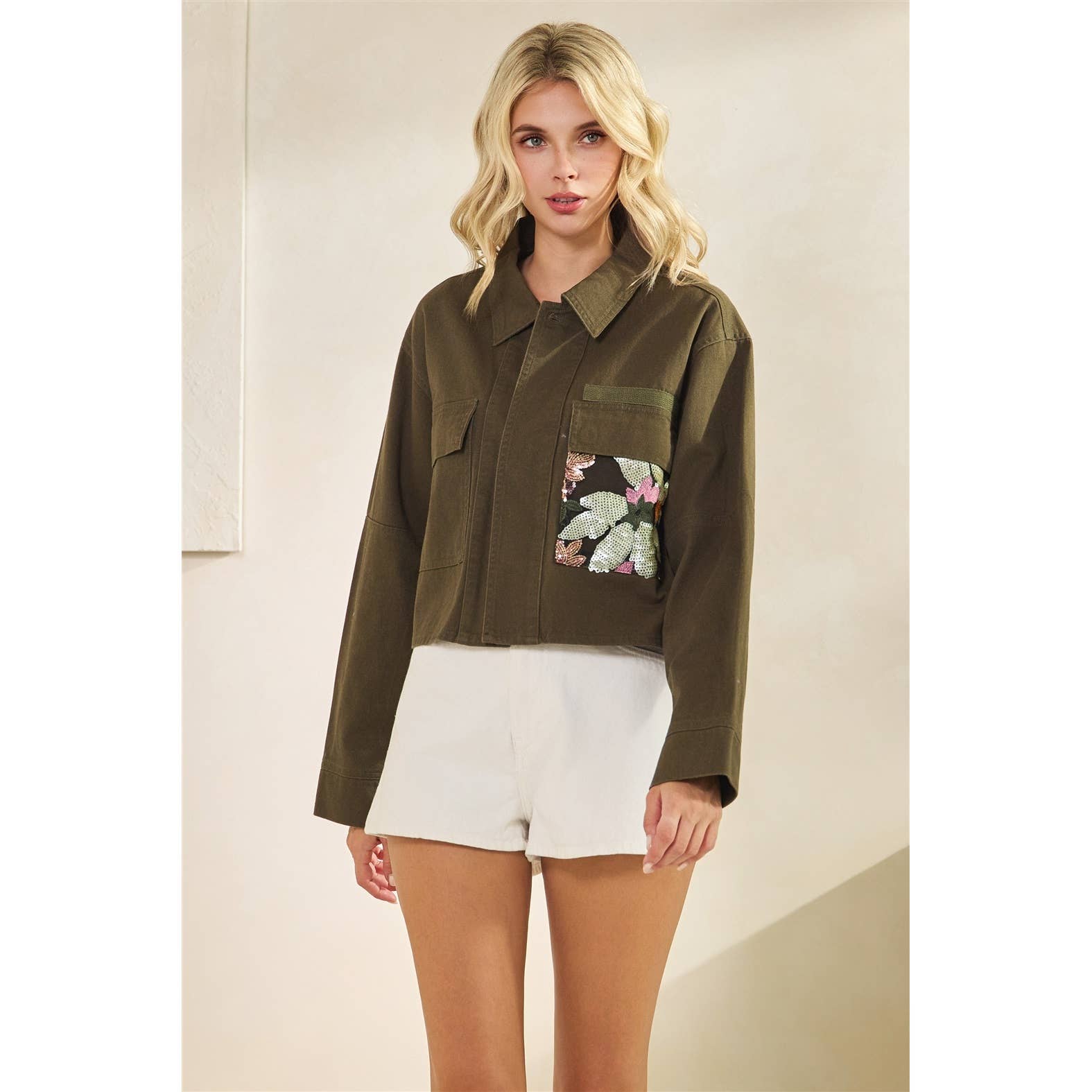 Sequins Contrast Jacket: Tan / L