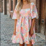 Women's Summer Floral Square Neck Puff Sleeve Babydoll Dress: Pink S