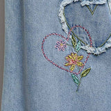 Waist Elastic Band Heart Floral Print Patch Wide Denim Pants: DENIM / L