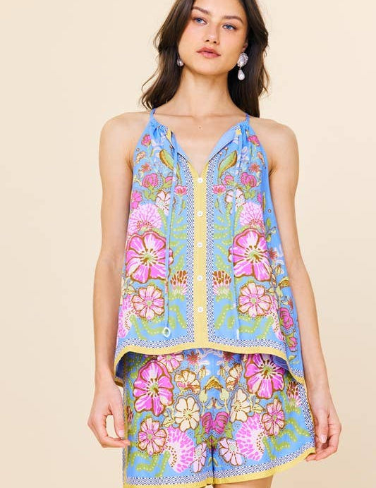 Sleeveless Border Print Top: Sweet Pea / XS