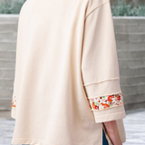 LDC  Flower Patch Graphic Exposed Seam Wide Sleeve Loose Top: Beige / M