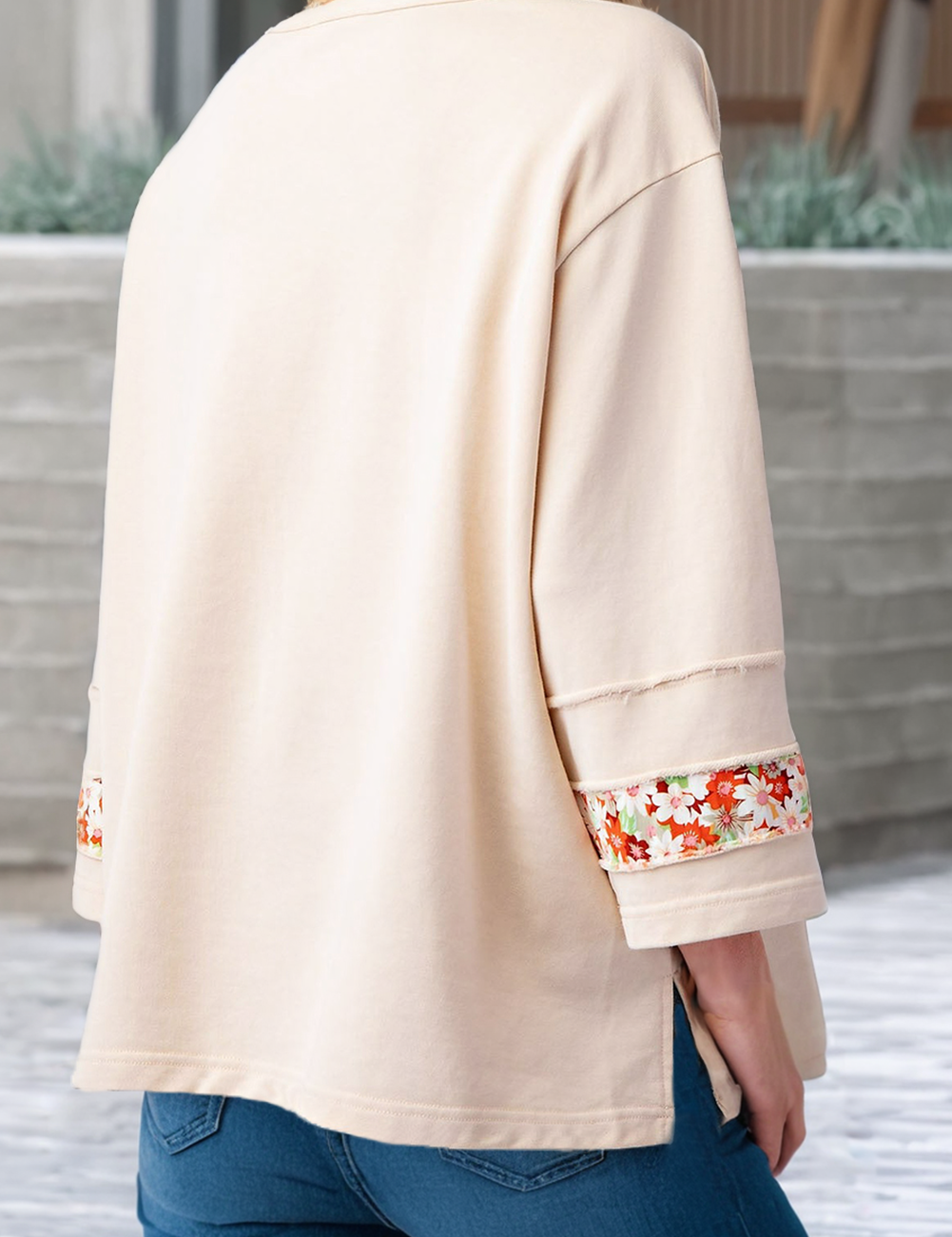 LDC  Flower Patch Graphic Exposed Seam Wide Sleeve Loose Top: Beige / S