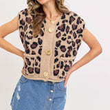 LEOPARD PRINT KNIT BUTTON-UP SWEATER TOP: TAUPE / Contemporary / L