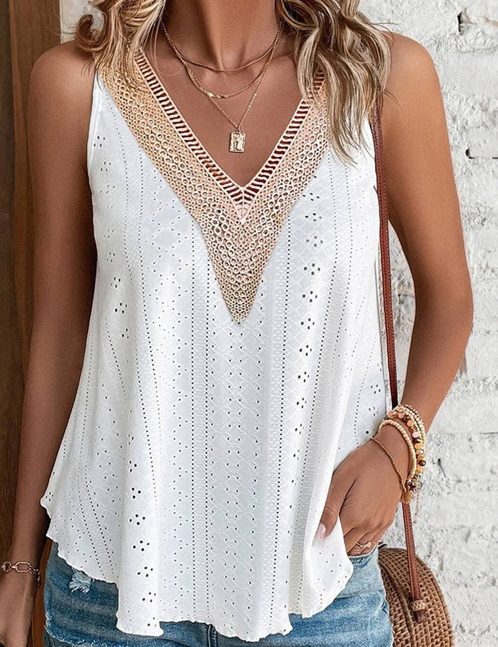 Multicolor Lace Crochet Splicing V Neck Loose Fit Tank Top: Apricot Pink / 95%Polyester+5%Elastane / M