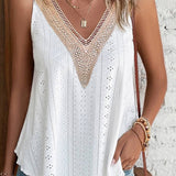 Multicolor Lace Crochet Splicing V Neck Loose Fit Tank Top: Mist Green / 95%Polyester+5%Elastane / XL