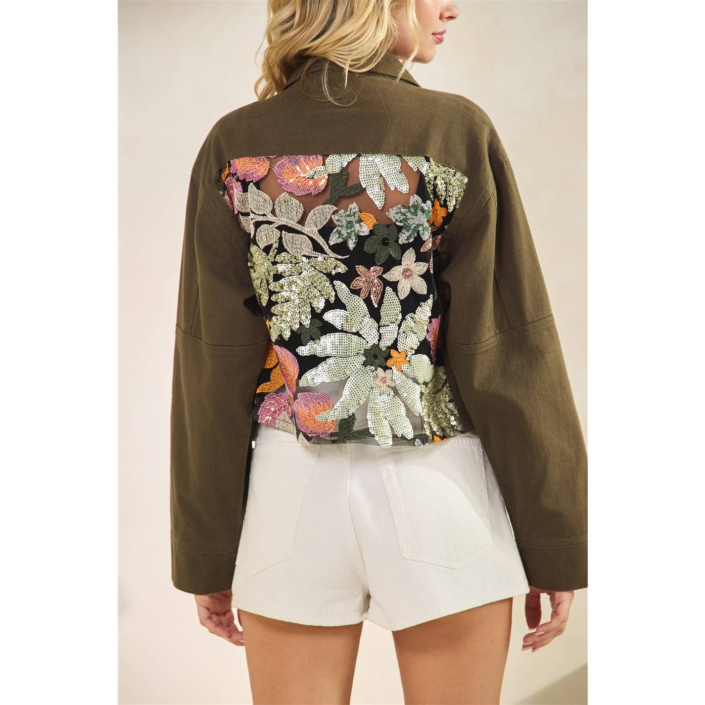 Sequins Contrast Jacket: Tan / L