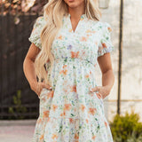 Beige Floral Print Shirred High Waist Puff Sleeve Mini Dress: Beige L