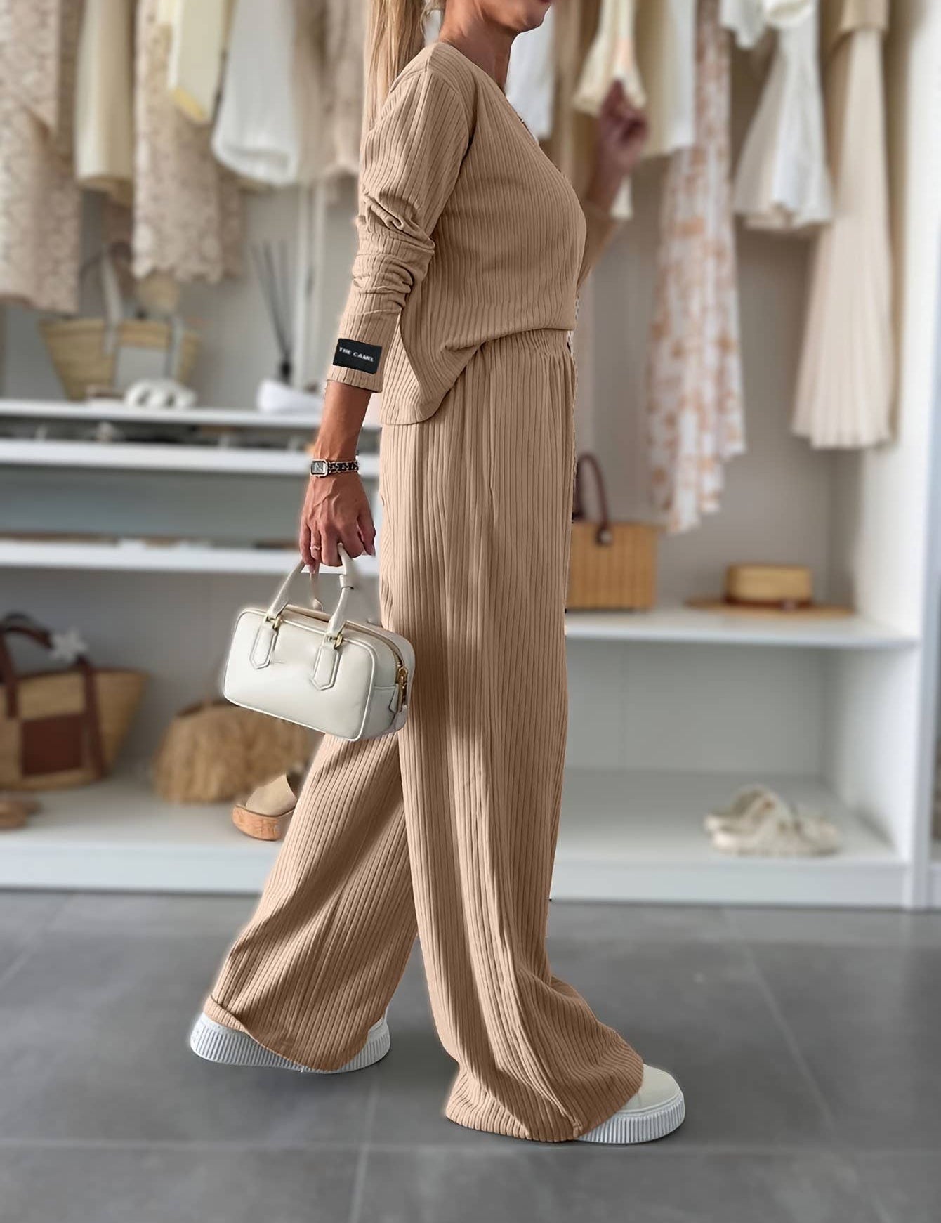 Ribbed T-Shirt & Drape Straight-Leg Pants Set