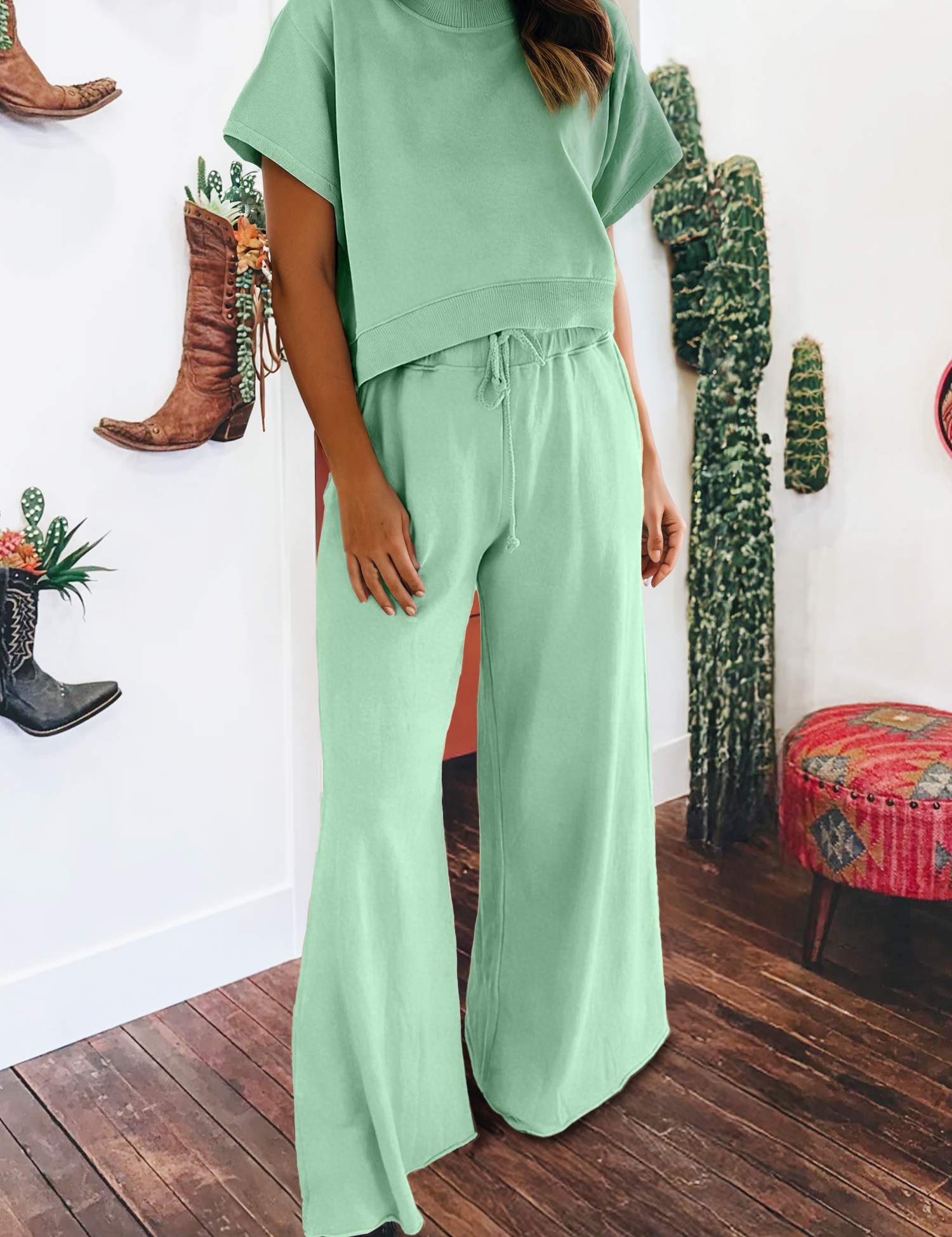 Solid Color Loose Tee Drawstring Wide Leg Pants 2pcs Outfit: Parchment / S