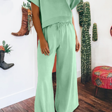 Solid Color Loose Tee Drawstring Wide Leg Pants 2pcs Outfit: Clearly Aqua / S