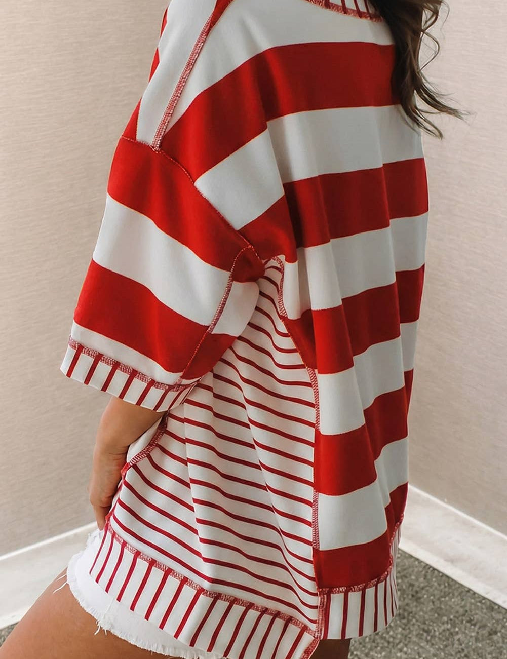 Stripe Sequin Bow Patriotic Half Sleeve Top XL