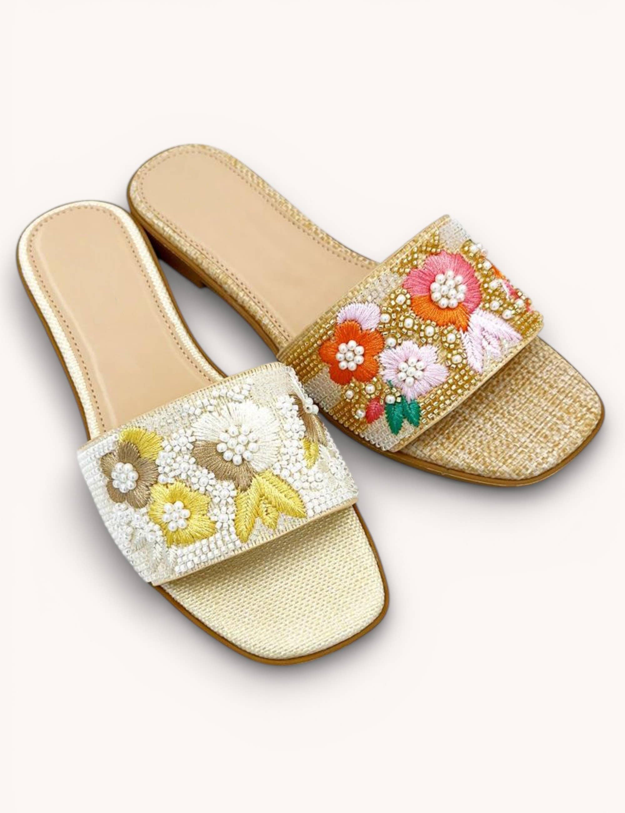 FLORA LUXE PEAR-EMBELLISHED RAFFIA SLIDE FLAT SANDALS: BEIGE