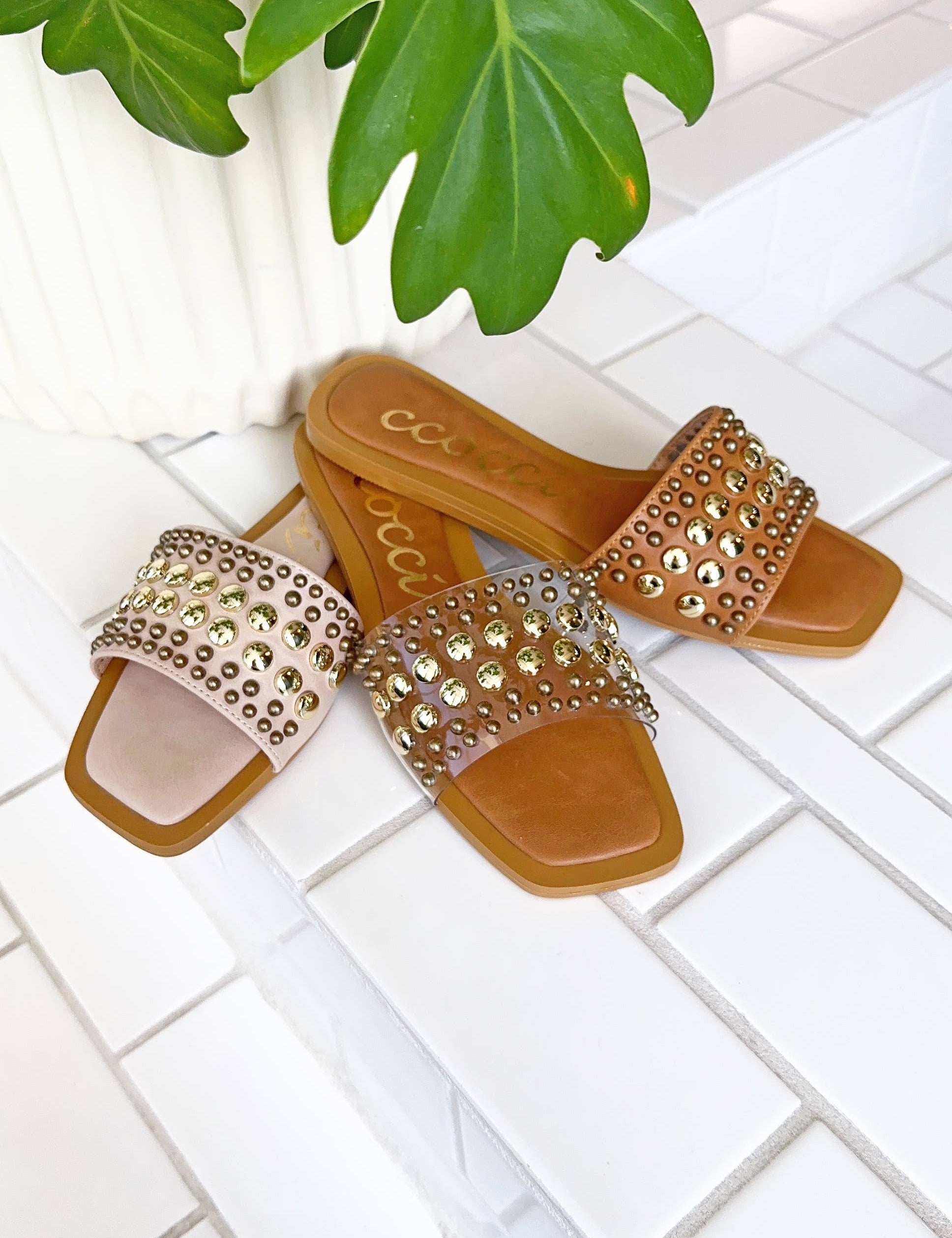 CHRISSY ROUND STUD EMBELLISHED SQUARE TOE SLIP ON SANDAL: White / A12