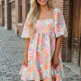 Women's Summer Floral Square Neck Dress: Pink L