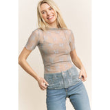 MESH LACE HIGH NECK DESIGN SHORT SLEEVE FITTED TOP: Black
