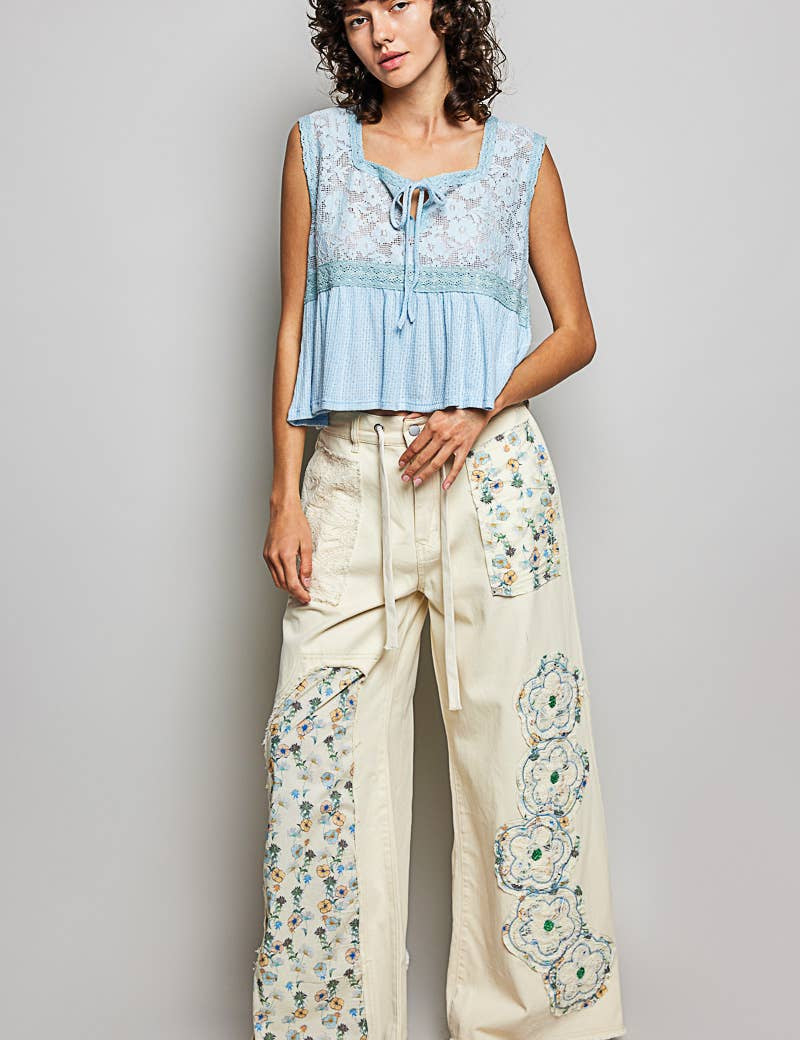 Drawstring Floral Patch Denim Pants