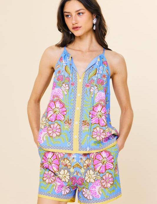 Sleeveless Border Print Top: Sweet Pea / XS