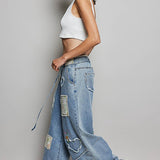 Waist Elastic Band Heart Floral Print Patch Wide Denim Pants: DENIM / M