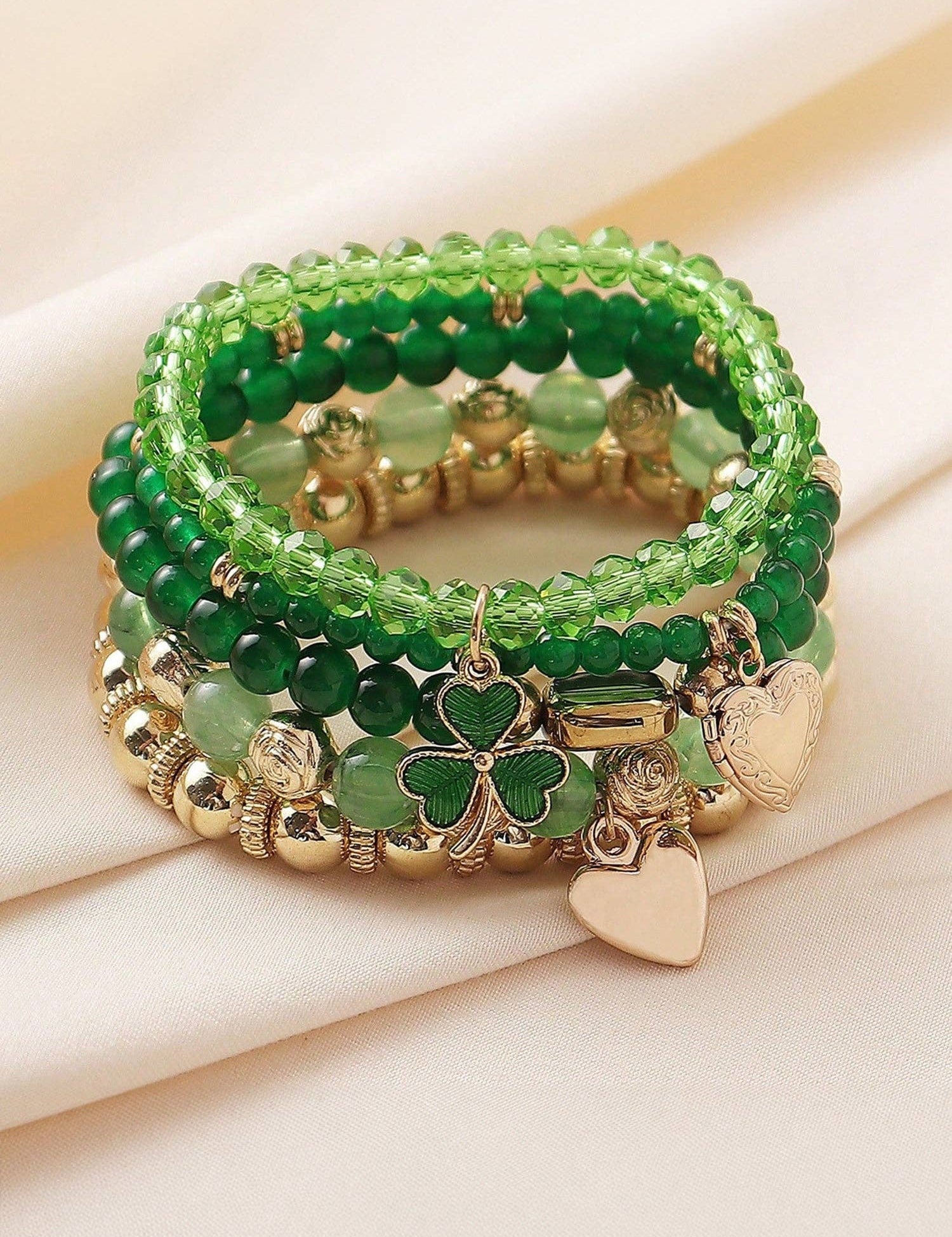 Green 5pcs St Patrick Lucky Beading Heart Charm Bracelets Set: Green / 100%PMMA / ONE SIZE