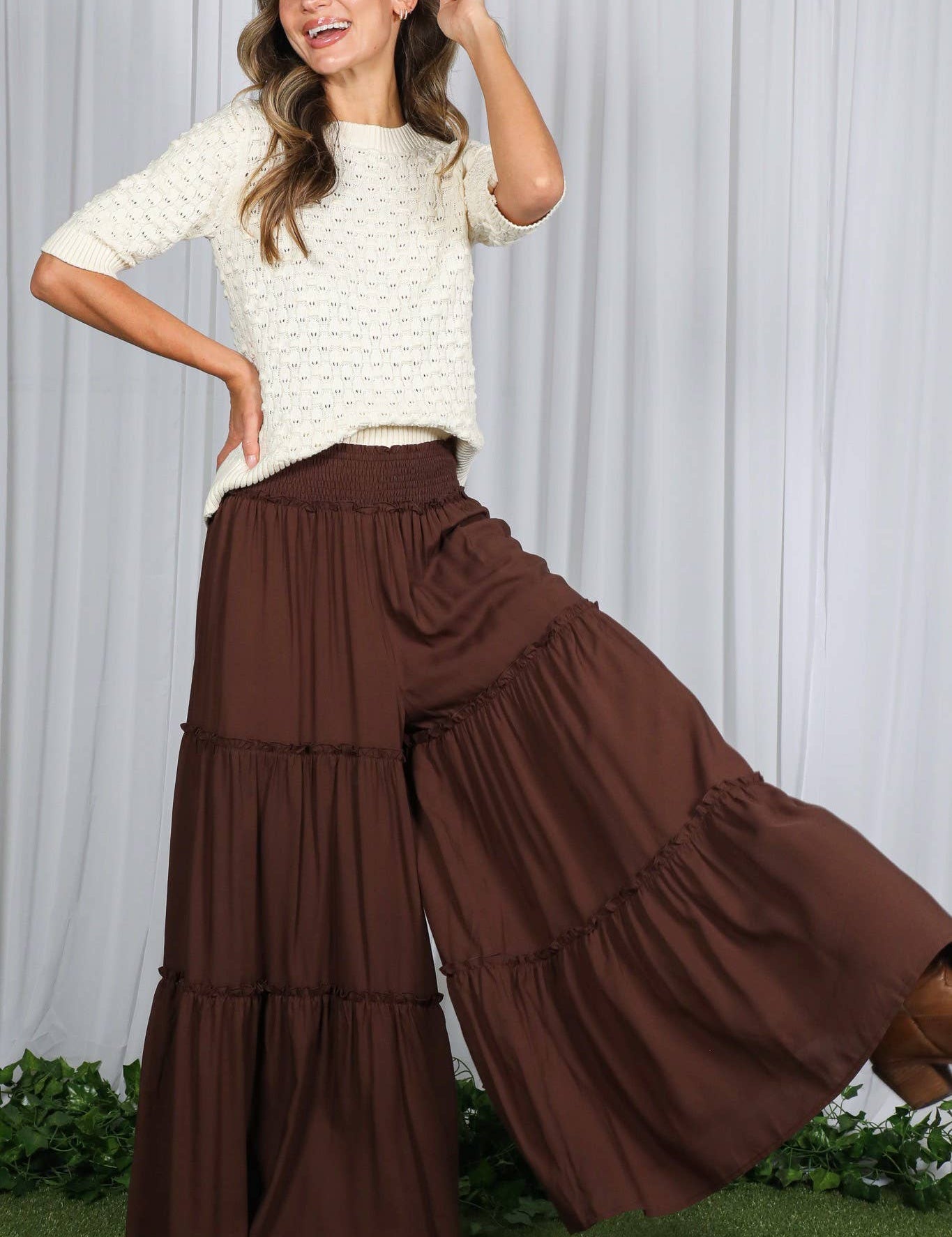 Maxi Tiered  Wide Leg Beach Palazzo Pants VP73052: Mocha / M