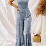 Straps Smocked Bodice Wide Leg Floral Jumpsuit: Black / XL
