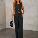 SOLID COLOR LOOSE DENIM WIDE LEG PANTS VEST SUIT: BLACK / (S) 1