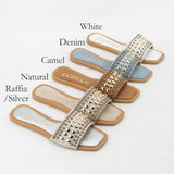 CHRISSY ROUND STUD EMBELLISHED SQUARE TOE SLIP ON SANDAL: White / A12