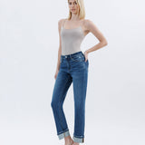 HIGH RISE DARK WASH CUFFED STRAIGHT JEANS T6666: NICO / 24