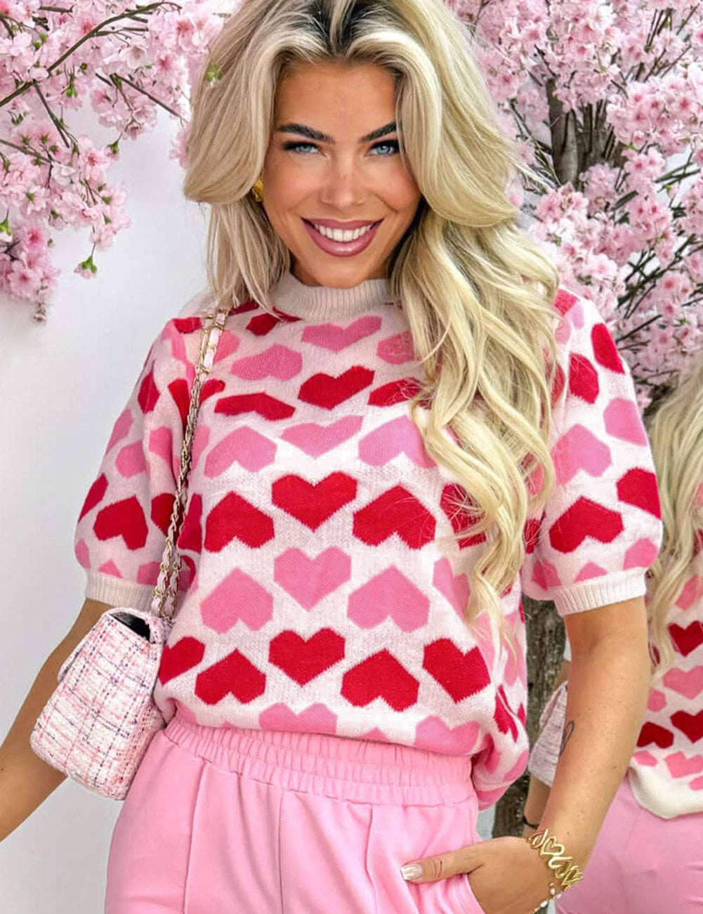 Pink Heart Print Short Sleeve Knit Sweater Valentine Top: Sachet Pink / 52%Viscose+26%Polyester+22%Polyamide / S