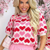 Pink Heart Print Short Sleeve Knit Sweater Valentine Top: Sachet Pink / 52%Viscose+26%Polyester+22%Polyamide / S