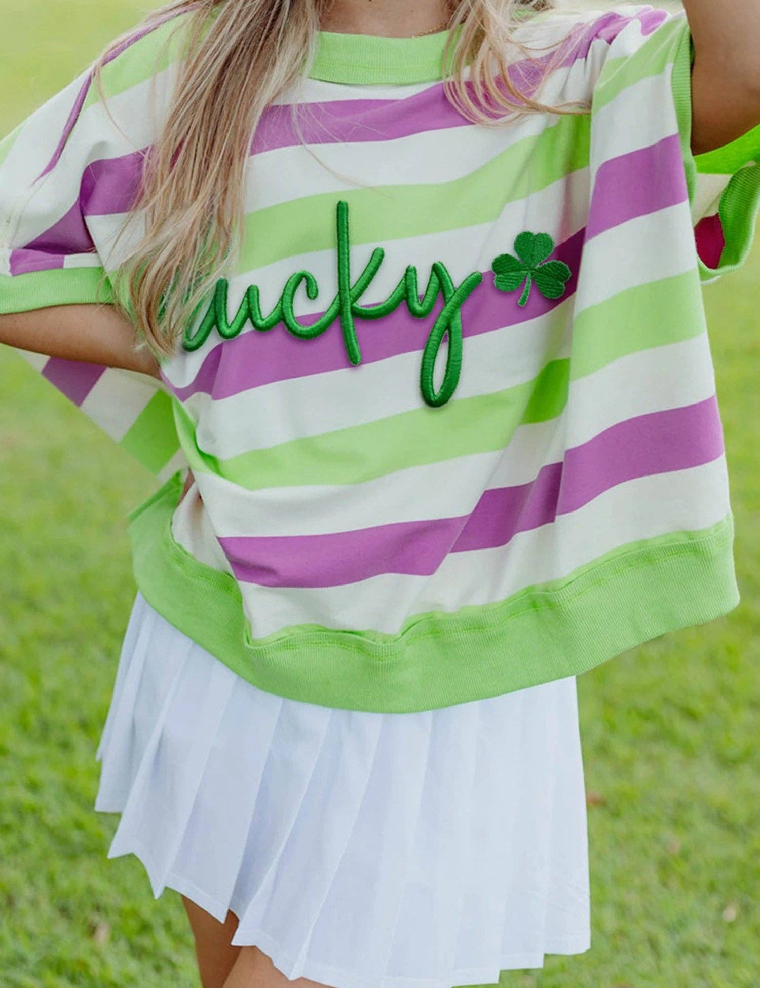 Green Stripe Lucky Clover Embroidered Graphic Dolman Loose Tee: Green Stripe / 95%Polyester+5%Elastane / M