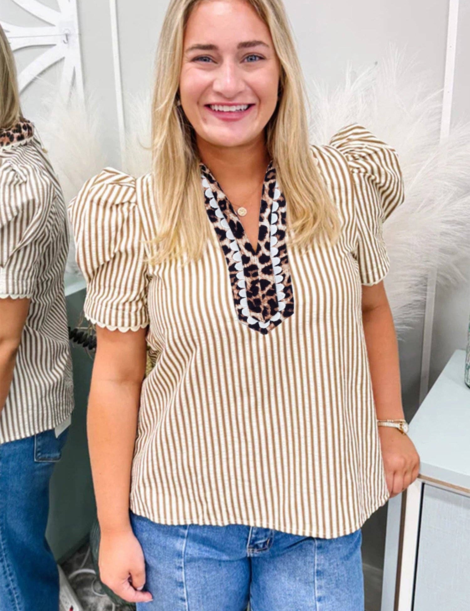 Sky Blue Stripe Short Puff Sleeve Leopard  Blouse: Brown S