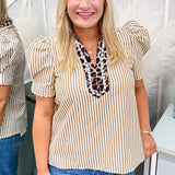 Sky Blue Stripe Short Puff Sleeve Leopard Blouse: Brown Stripe L