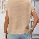 Crochet Trim Short Sleeve Knit Top for Women Summer Casual: Green / 65%Polyester  30%Viscose   5%Elastane / M
