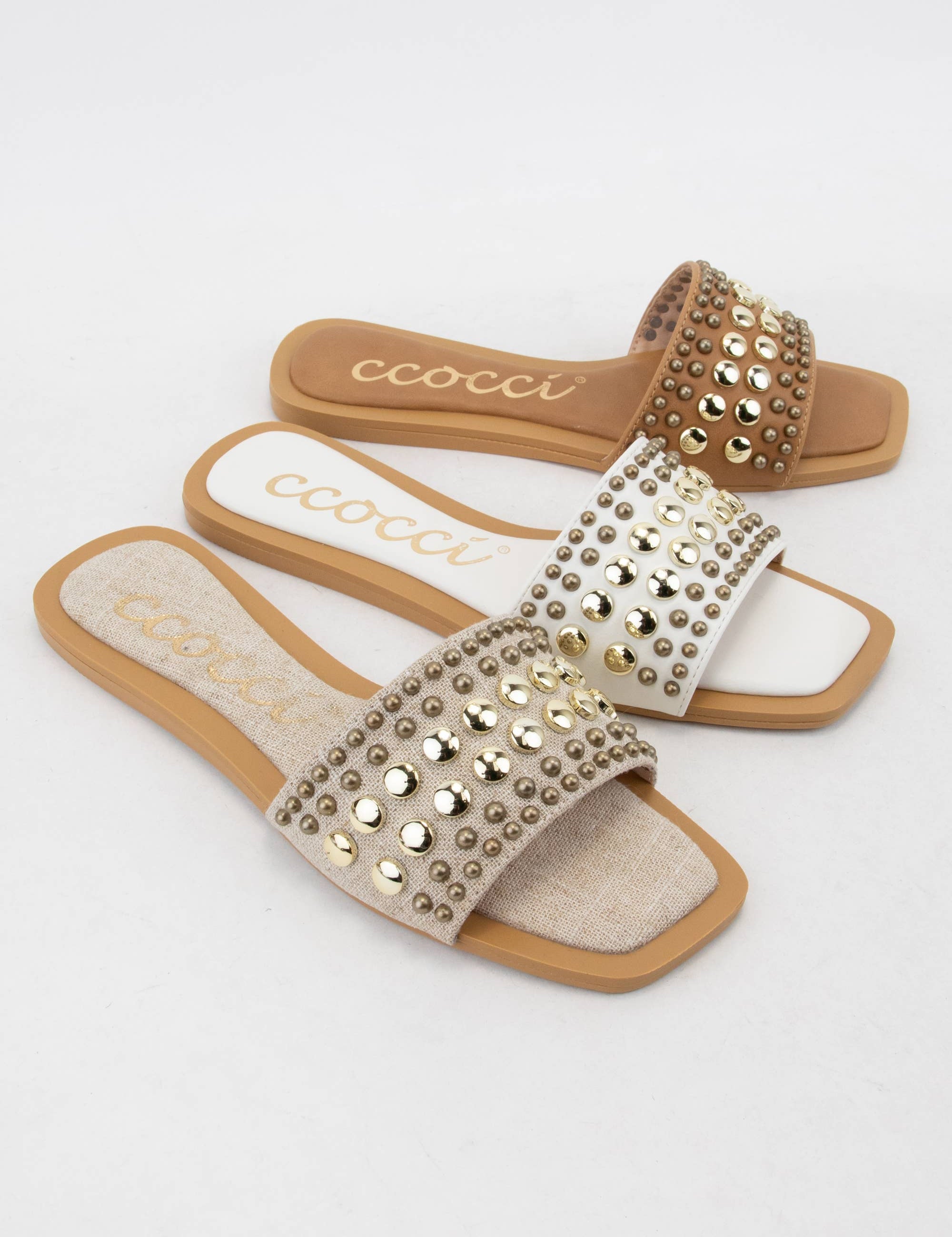 CHRISSY ROUND STUD EMBELLISHED SQUARE TOE SLIP ON SANDAL: White / A12