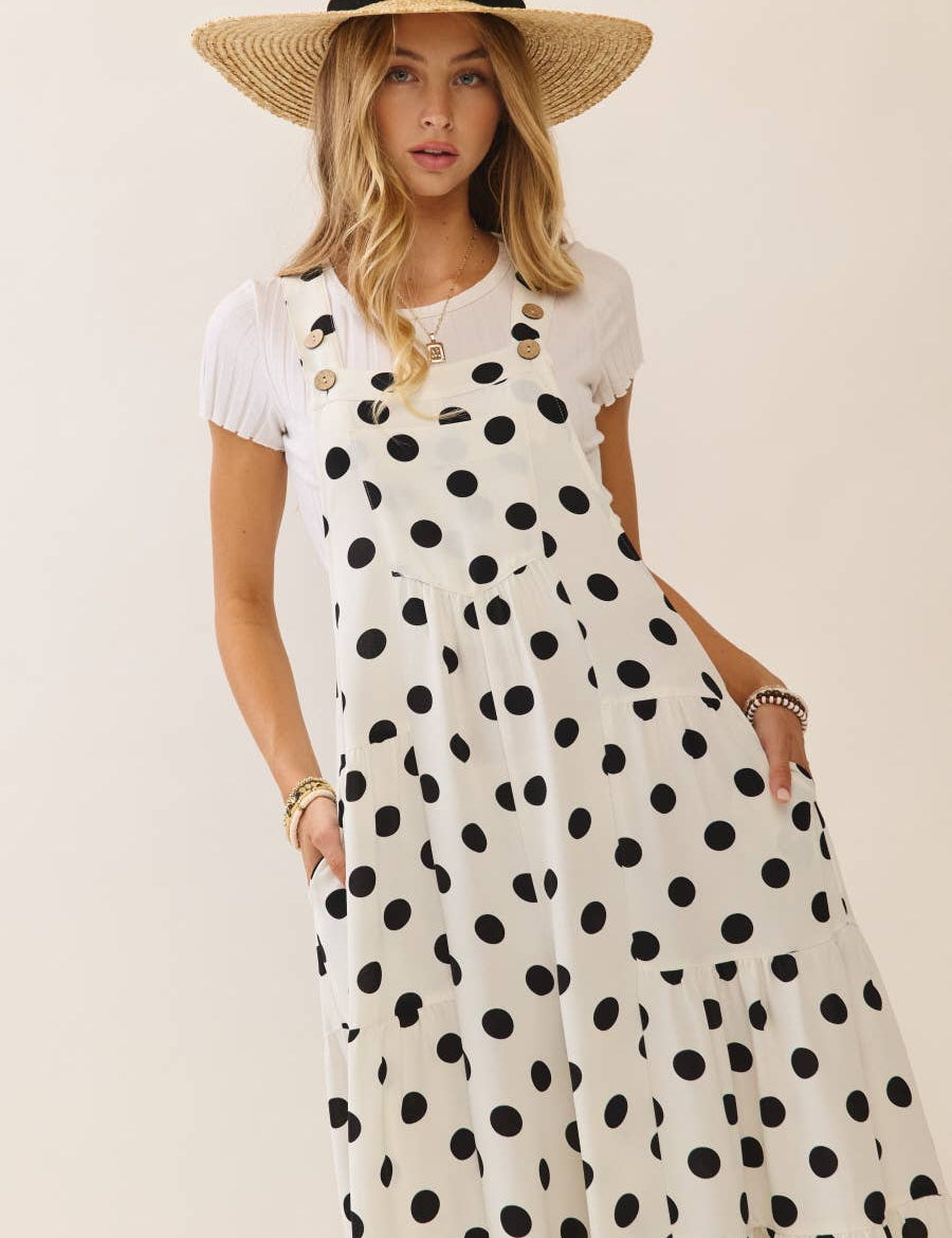Polka Dot Sling Maxi Jumpsuit: Navy White / S
